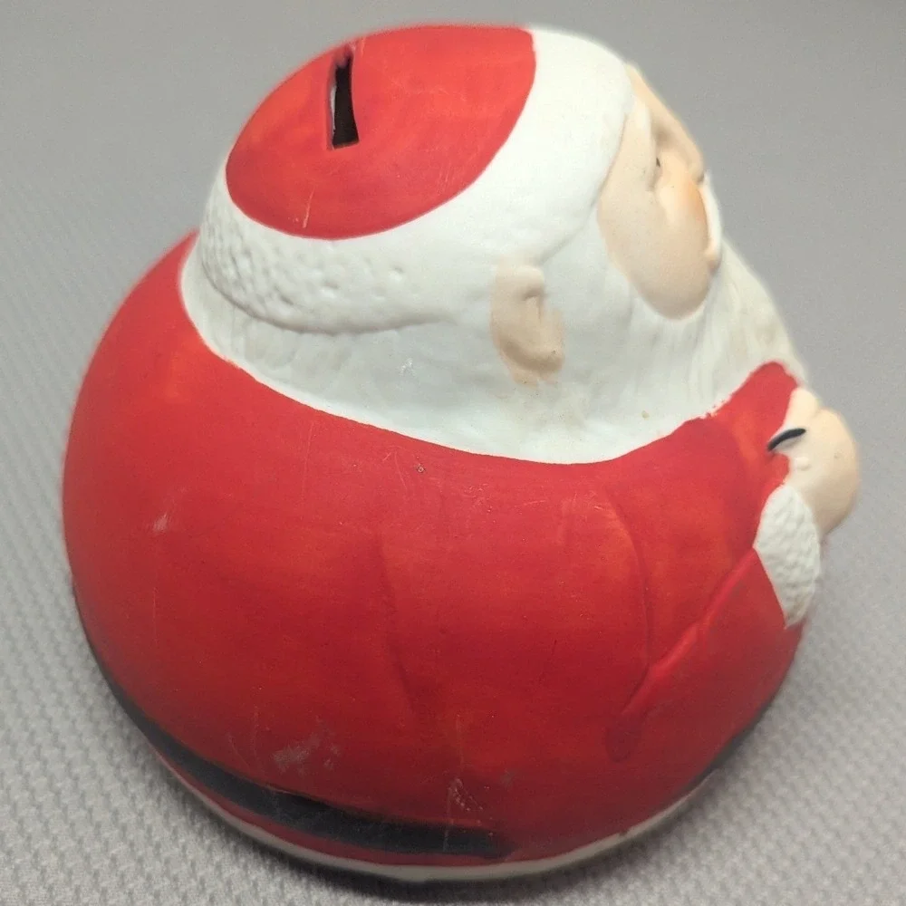 Vintage Ceramic Santa Claus Coin Bank Round Roly Poly Christmas Decor Red White